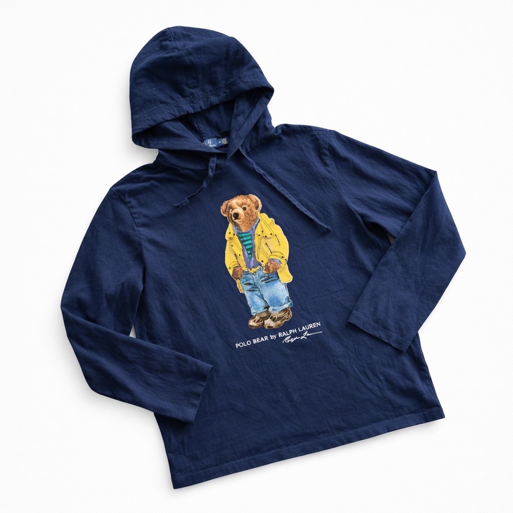 Ralph Lauren Navy Hooded TShirt with Polo Bear Graphic